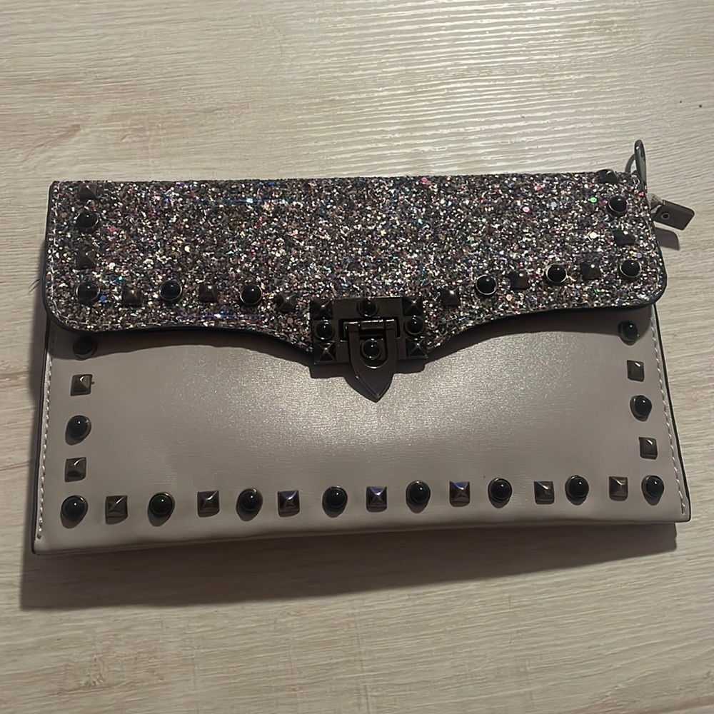 Glitter Accent Gray Studded Clutch